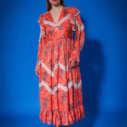 Amagyaa Floral Printed V-Neck Puff Sleeves Lace Inserts Detailed Fit & Flare Midi Dress-image-19