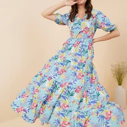 RARE Turquoise Blue Floral Printed Tiered Maxi Fit & Flare Dress-image-9