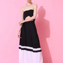 DODO & MOA Black & White Colourblocked Cut Out Crepe Maxi Dress-image-10