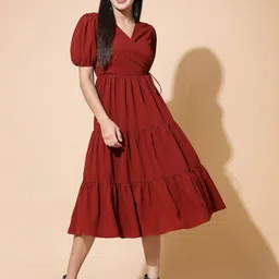 Strong And Brave V-Neck Puff Sleeve Tiered Wrap Midi Dress-28