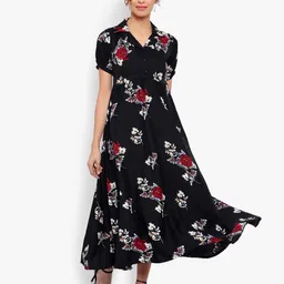 Indietoga Floral Printed Crepe Fit & Flare Long Maxi Dress-image-93