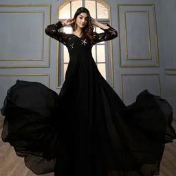 Inddus Floral Embroidered Sequinned Georgette Fit & Flare Maxi Ethnic Dress-picture-30
