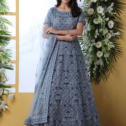 Aika Floral Embroidered Net Semi-Stitched Ethnic Maxi Dress-image-4
