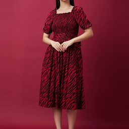 Globus Animal Print Smocked Fit & Flare Belted Midi Dress-42