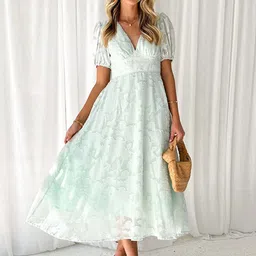 StyleCast x Revolte Women V-Neck Puff Sleeves Floral Self Design Fit & Flare Maxi Dress-image-63