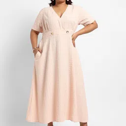 Instafab Plus Self Design Gathered V-Neck A-Line Midi Dress-picture-57