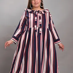 KALINI Plus Size Striped Boat Neck Crepe Fit & Flare Midi Dress-10