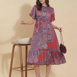 DressBerry Ethnic Motifs Print Crepe Fit & Flare Midi Dress-picture-17