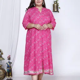KALINI Floral Printed Mandarin Collar Fit & Flare Midi Ethnic Dress-image-89