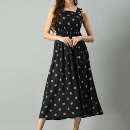 KALINI Floral Printed Square Neck Sleeveless Gathered A-Line Midi Dress-image-53