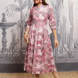 Vishudh Round Neck Cuff Sleeves Pleated Floral Embellished Midi Dress-image-23