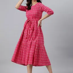 BAESD Ethnic Motifs Printed Round Neck Fit & Flare Midi Dress-image-98