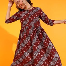 Popwings Ethnic Motifs Print Pleated Fit & Flare Cotton Midi Dress-picture-11
