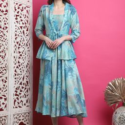 Aawari Floral Printed Smocked Fit & Flare Midi Dress With Shrug-picture-17