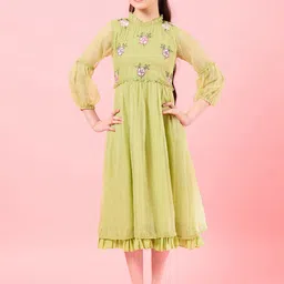 pspeaches Girls High Neck Puff Sleeves Fit & Flare Opaque Midi Casual Dress-picture-2