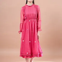 pspeaches Girls Round Neck Puff Sleeves Fit & Flare Midi Dress-picture-58