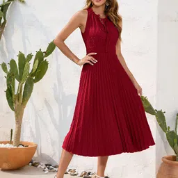 StyleCast Red Self Design Tie-Up Neck Sleeveless Cotton Fit & Flare Midi Dress-46