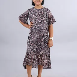 KiddoPanti Girls Animal Printed Flared Sleeve Round Neck Fit & Flare Midi Dress-image-79
