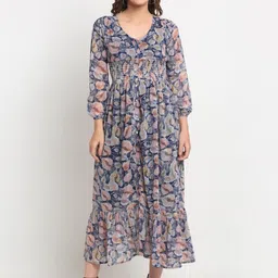 KALINI Floral Printed V-Neck Puff Sleeve Georgette Shirt Maxi Dress-picture-5