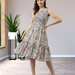 BAESD Floral Printed Georgette With Smocked Details Fit & Flare Midi Dress-image-24