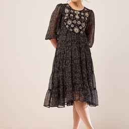 Antheaa Black Floral Printed Embroidered Puff Sleeves Chiffon Fit & Flare Midi Dress-image-37