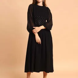Amagyaa Round Neck Flared Sleeves Embellished Chiffon Fit & Flare Midi Dress-picture-50