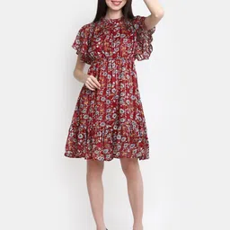 V-Mart Floral Printed Flutter Sleeves Ruffles Detail Fit & Flare Midi Dress-picture-12