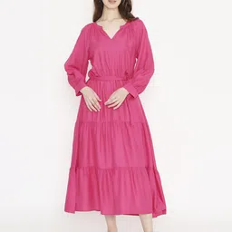 Saffron Threads Women Puff Sleeve Fit & Flare Midi Dress-image-71