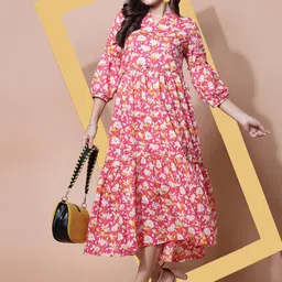 LARGISH Floral Printed Mandarin Collar Puff Sleeves Tiered Cotton Fit & Flare Midi Dress-image-12