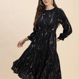 Moomaya Abstract Print Round Neck Long Puff Sleeve Fit & Flare Tiered Dress-39