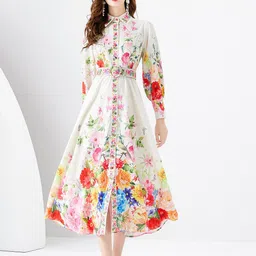 JC Collection Floral Printed Mandarin Collar Puff Sleeve Fit & Flare Midi Dress-image-88