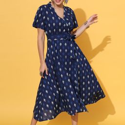 DECKEDUP Ethnic Motifs Printed V-Neck Tie-Ups Cotton Wrap Midi Dress-1