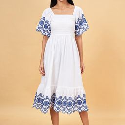 Honey by Pantaloons Schiffli Work Machine Wash Smocked Fit & Flare Midi Dress-image-34