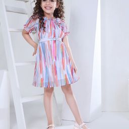 Peppermint Girls Striped Puff Sleeves Fit & Flare Dress-image-79