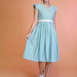 TextileNow Striped Cotton Flutter Sleeve Fit & Flare Dress With Embroidered Belt-image-18