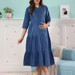 EASY MOM Maternity Women Shirt Collar Fit & Flare Cotton Midi Dress-image-88