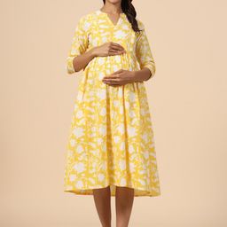 CRAFIQA Floral Printed Maternity Pure Cotton Fit & Flare Midi Dress-image-57
