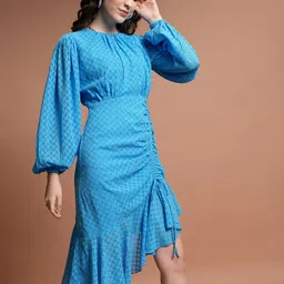 Tokyo Talkies Self Design High Neck Puff Sleeves Gathered & Ruched Fit & Flare Dress-picture-12