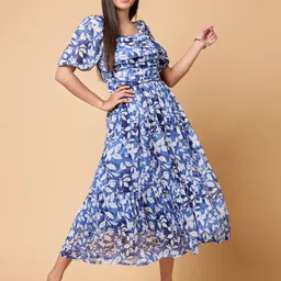 plusS Blue Floral Print Cold-Shoulder Fit & Flare Midi Dress-picture-50