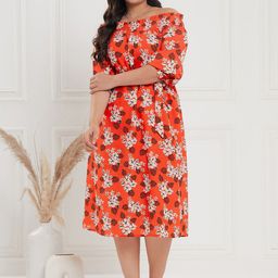 CURVE BY KASSUALLY Orange Plus Size Floral Printed Smocked Off-Shoulder Fit & Flare Dress-59