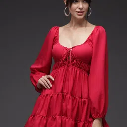 BAESD Tie-Up Neck Puff Sleeve Crepe Fit & Flare Tiered Mini Dress-image-48