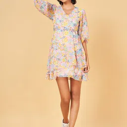 People V Neck Puff Sleeves Floral Print Fit & Flare Mini Dress-picture-44