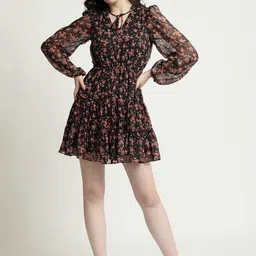 June 9 Clothing Floral Printed Fit & Flare Tie-Up Neck Mini Dress-picture-36