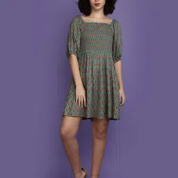 V-Mart Floral Printed Smocked Fit & Flare Mini Dress-image-45