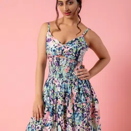 Urban Sundari Blue Floral Printed Shoulder Straps Smocked Detail Cotton A-lIne Dress-image-50