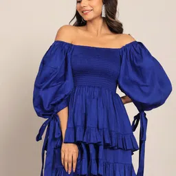 KAORI BY SHREYA AGARWAL Bliss Off-Shoulder Puff Sleeve Cotton Fit & Flare Mini Dress-image-47