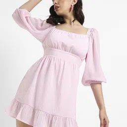 Campus Sutra Square Neck Puff Sleeves Fit & Flare Mini Dress-image-79