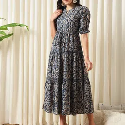 KALINI Floral Printed Mandarin Collar Puff Sleeves Cotton Fit and Flare Dress-image-84