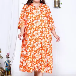 KALINI Plus Size Floral Printed Band Collar A-Line Maxi Dress-6