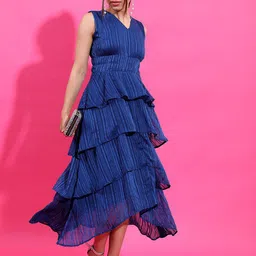 Tokyo Talkies Navy Blue Striped V-Neck Layered Fit & Flare Midi Dress-image-27